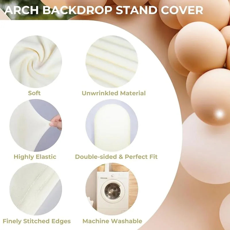 Close-up view of a white spandex fitted arch backdrop stand cover showing various textures and features like softness elastic