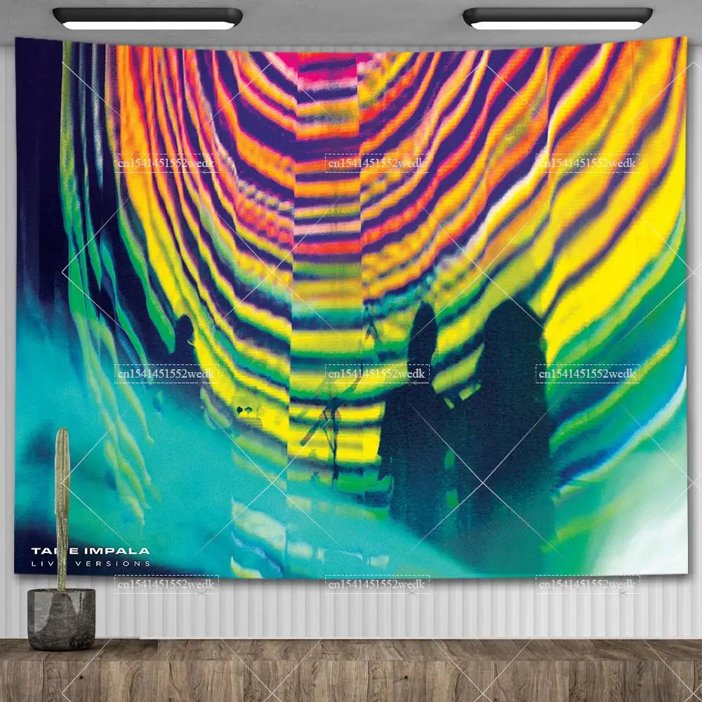 A vibrant tapestry featuring psychedelic, wavy lines in neon colors against a dark background.