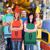Five people wearing colorful crayon apron and cone hat costumes posing indoors.