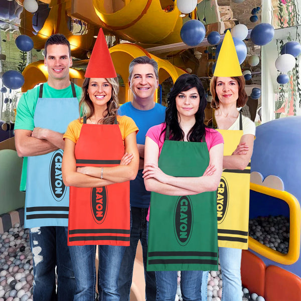 Five people wearing colorful crayon apron and cone hat costumes posing indoors.