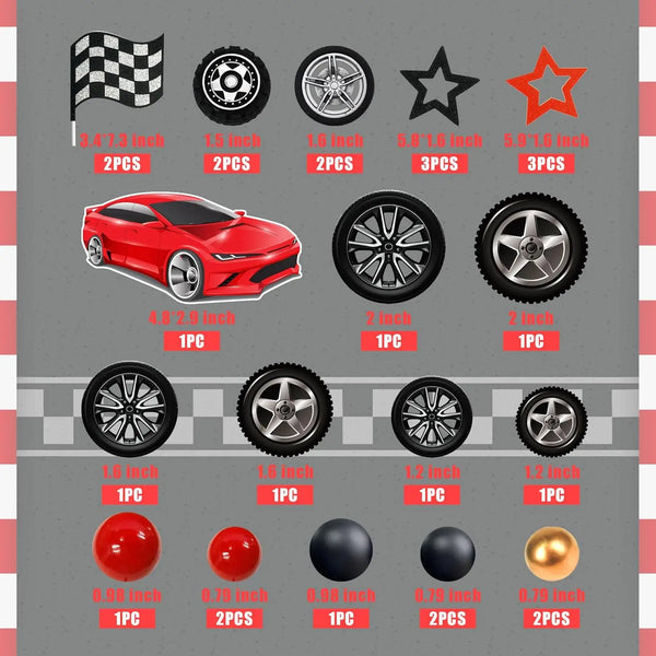 A set of racing car cake toppers featuring a red sports car, various wheels, and checkered flags.