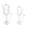 A pair of clear vintage French-style high-footed wine glasses shown with dimensions.