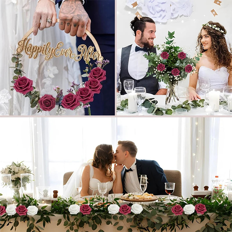 A close-up of hands holding a gold wreath with rose flowers and the text Happy Ever After