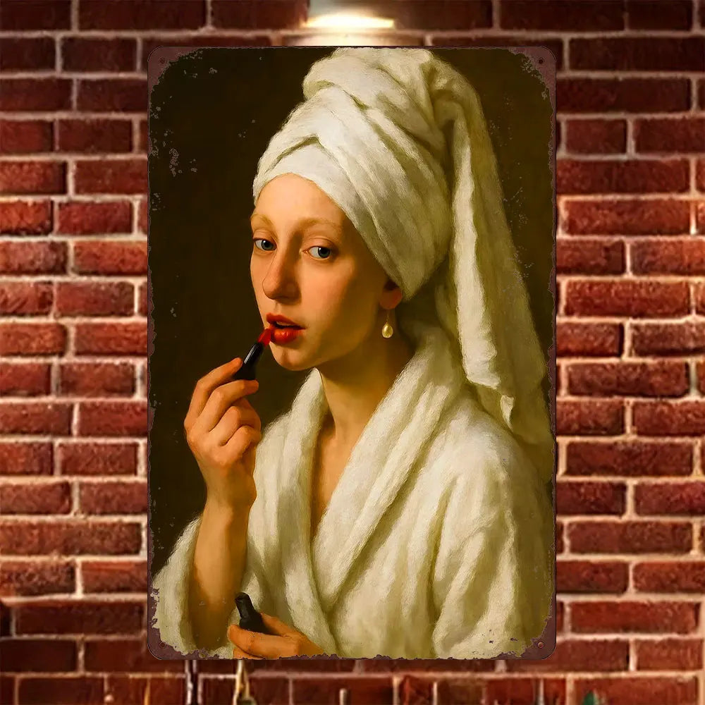 A painting of a woman wrapped in white cloth with red lipstick, displayed on a brick wall.