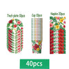 A set of tropical hibiscus tableware including 7 inch plates, cups, and napkins in various floral patterns.