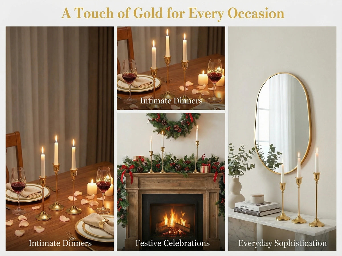 A set of three vintage European style metal candle holders displayed in various elegant settings.