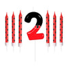 A set of cartoon number birthday candles shaped like the number 2 in red and black mouse designs.