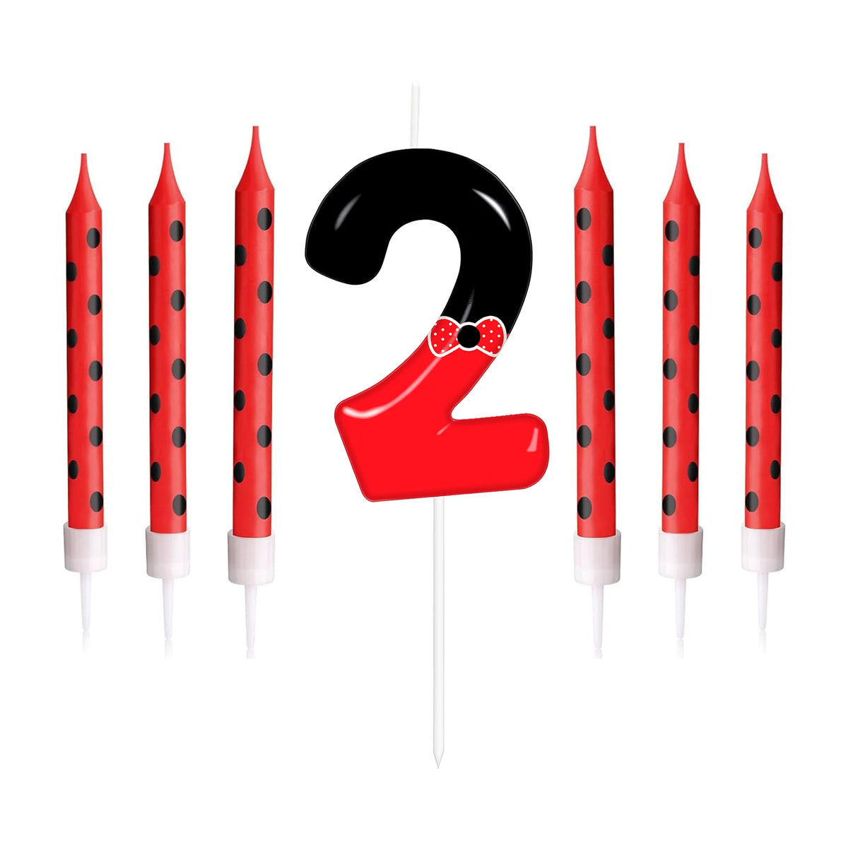 A set of cartoon number birthday candles shaped like the number 2 in red and black mouse designs.