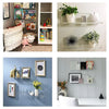 A clear acrylic floating shelf with wall mount displaying various decorative items and plants.
