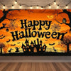 A dark Halloween themed backdrop featuring spooky silhouettes, bats, spiders, and a castle silhouette against an orange sunse