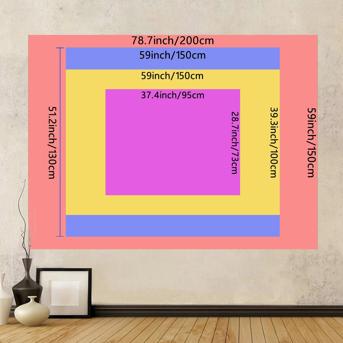 A colorful tapestry wall hanging displaying measurements and color blocks on a light-colored wall.