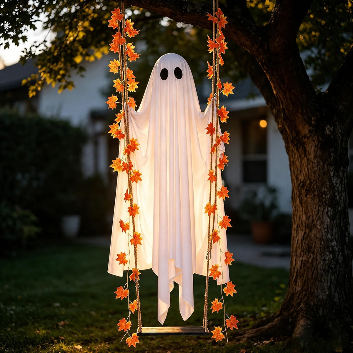 Decoración fantasma de tela blanca con detalles de hoja de arce colgando de una rama de árbol al aire libre.