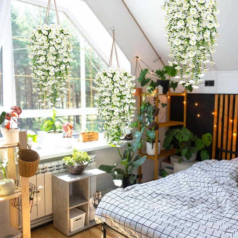 Artificial morning glory hanging vines decor in a bright room with plants and natural light