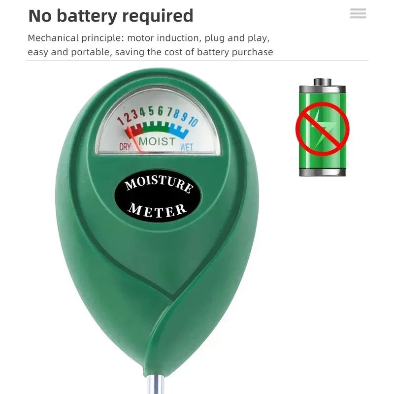 A green soil moisture meter with a needle indicating moist conditions, used for indoor plants.