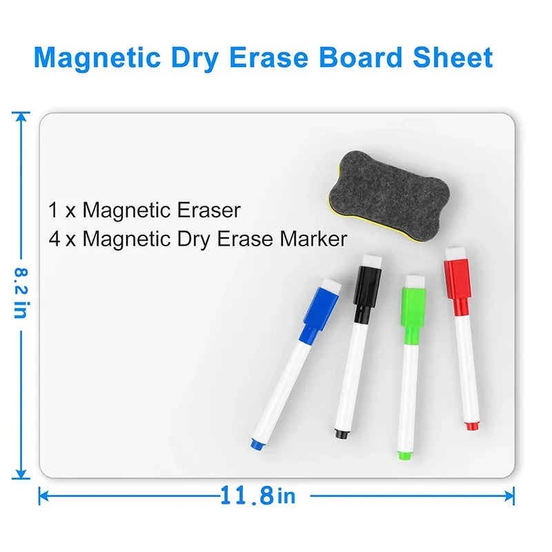 A sheet of magnetic dry erase board with an eraser and four markers displayed on a white background.