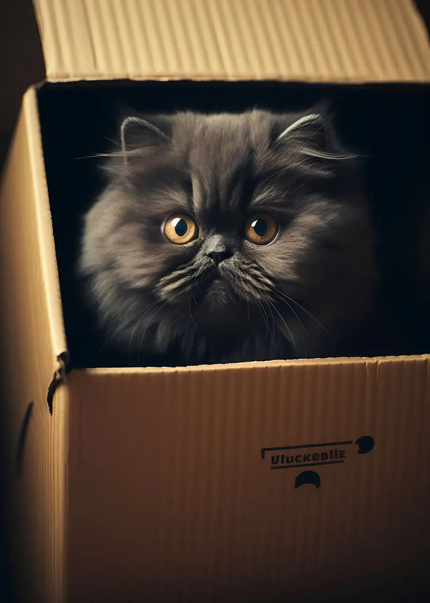 A fluffy gray kitten with golden eyes is peeking out of a cardboard box.