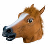 A realistic brown horse mask with white markings and long hair, used for Halloween costumes.