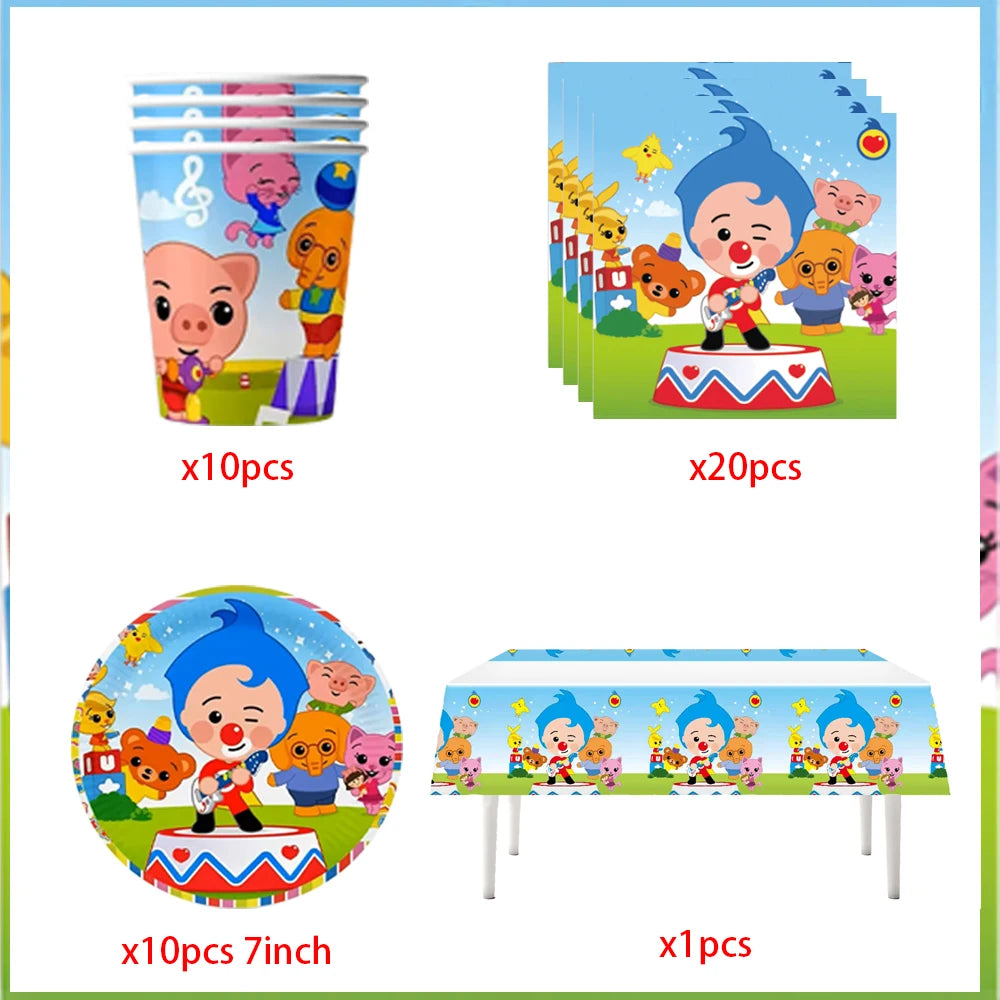 A set of circus theme birthday party decor including cups, cards, and a table runner with character figures.