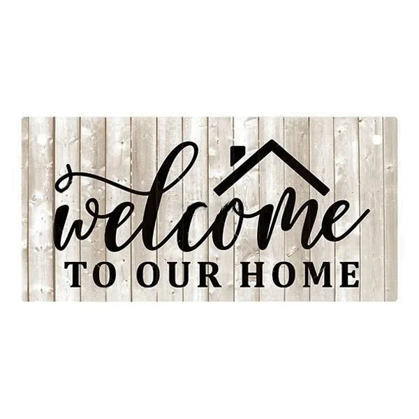 Rustic wooden hanging sign with black script text that reads Welcome to our home