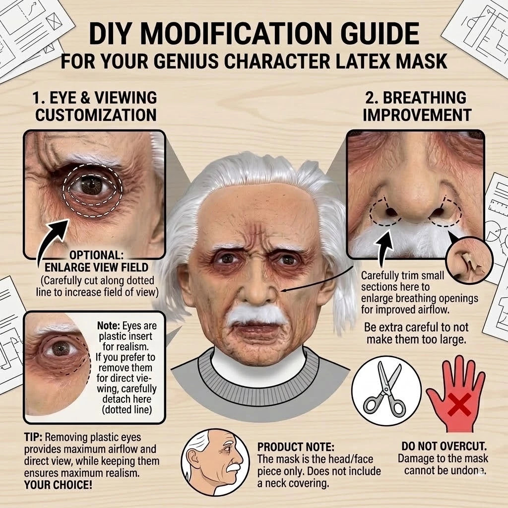 DIY modification guide for a genius character latex mask showing eye customization and breathing improvement techniques