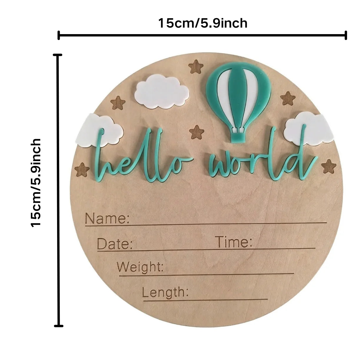 A round wooden plaque with a watercolor design featuring a teal hot air balloon and the text hello world.