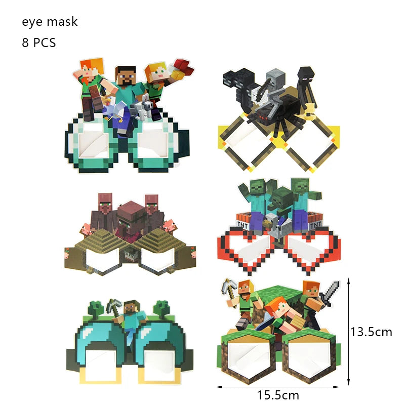An assortment of 8 pieces of LEGO minifigure-style eye masks and accessories for a birthday party decoration kit.
