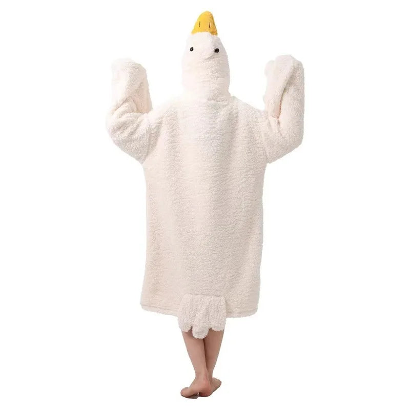 A cream-colored, fuzzy hooded lounge robe with a yellow beak detail.