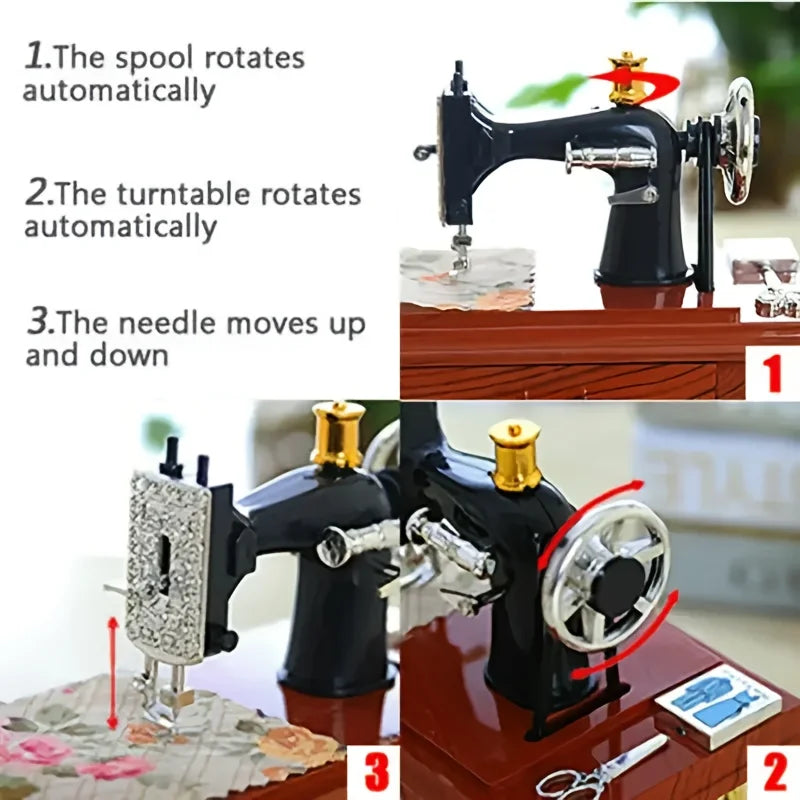 Close-up view of a vintage clockwork music box demonstrating automatic spool rotation, turntable rotation, and needle movemen