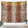 A tapestry wall hanging featuring a leopard print pattern with warm golden string lights.