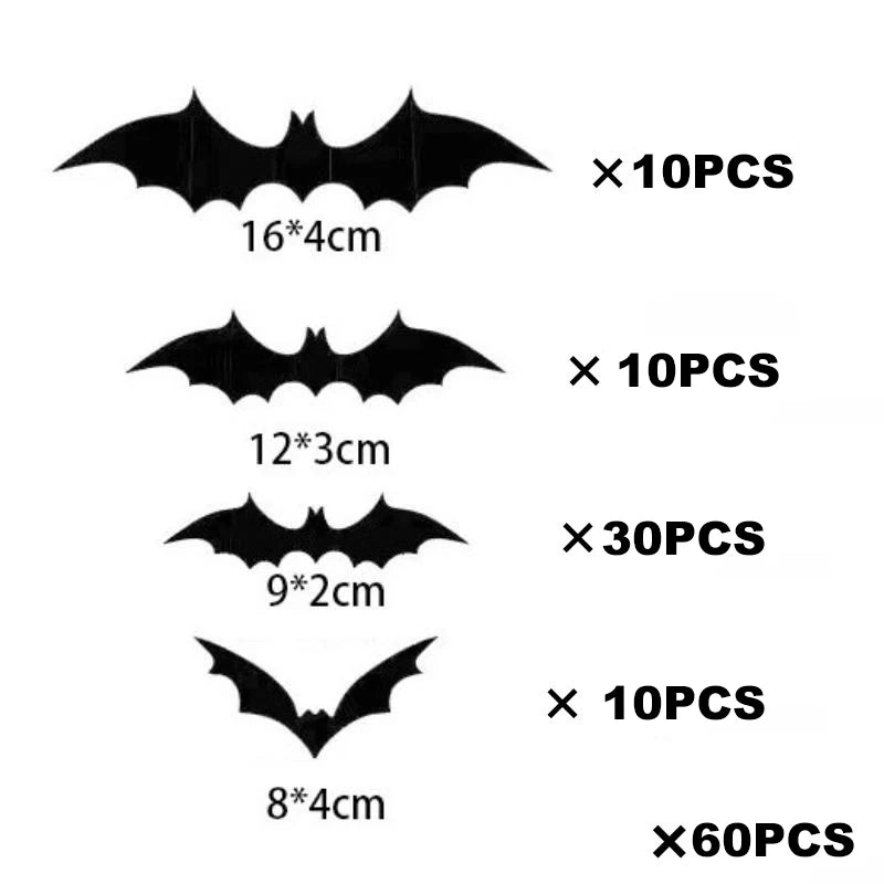 Diverses tailles d'autocollants muraux de chauves-souris noires pour décoration d'Halloween, avec des options de 10, 30 et 60