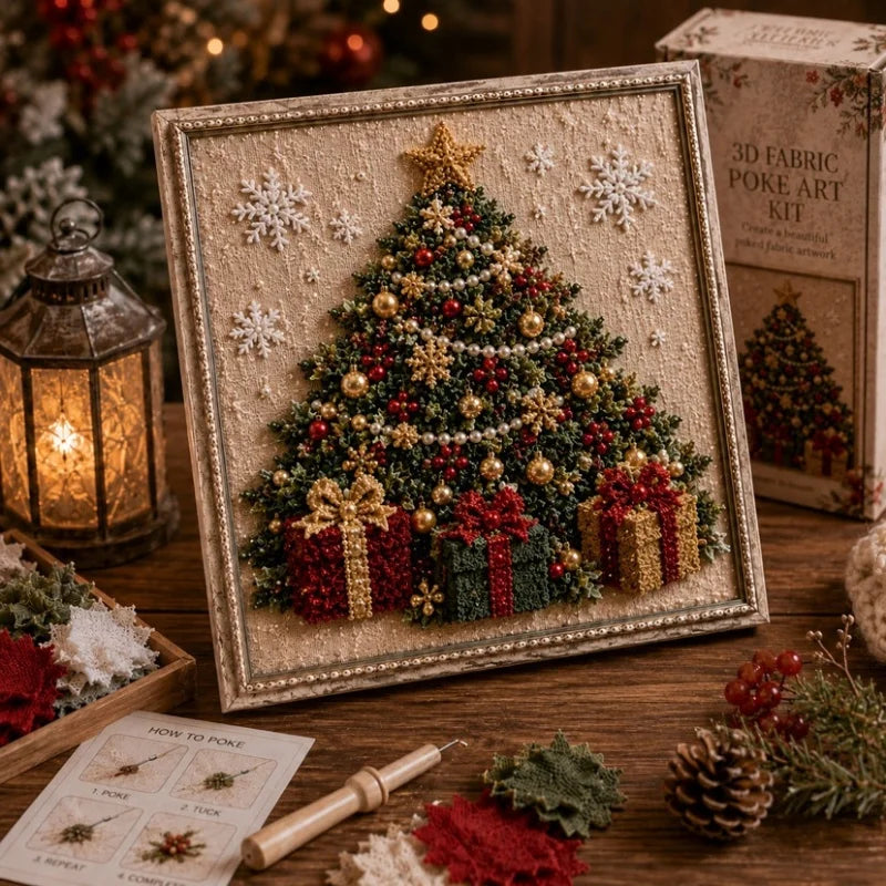 A framed Christmas 3D fabric poke art kit featuring a detailed festive tree decorated with gold and red elements.