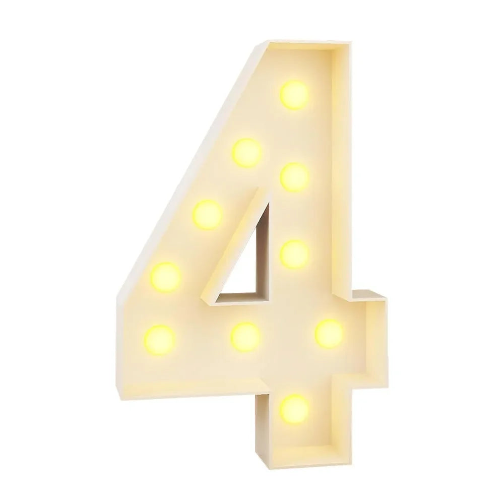 A large, illuminated number four made of light-up balloons for party decorations.