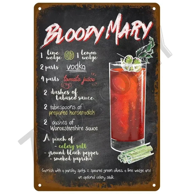 A dark metal sign listing ingredients for Bloody Mary cocktail recipe