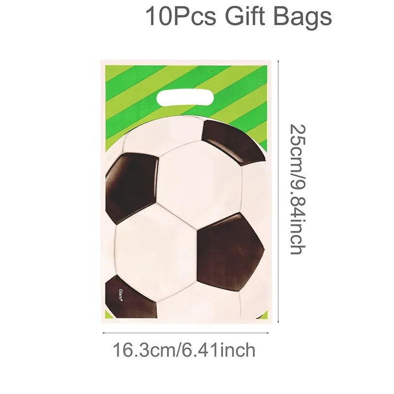 A green gift bag featuring a soccer ball design, used for party supplies.