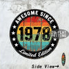 Vintage metal wall sign with the text AWESOME SINCE 1978 Limited Edition on a distressed wooden background.