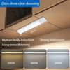 A white LED light bar is shown mounted under a cabinet, demonstrating 20cm three-color dimming options.