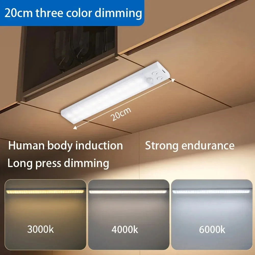 A white LED light bar is shown mounted under a cabinet, demonstrating 20cm three-color dimming options.
