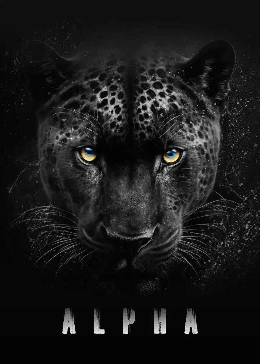 A close-up portrait of a black leopard with striking yellow eyes against a dark background.