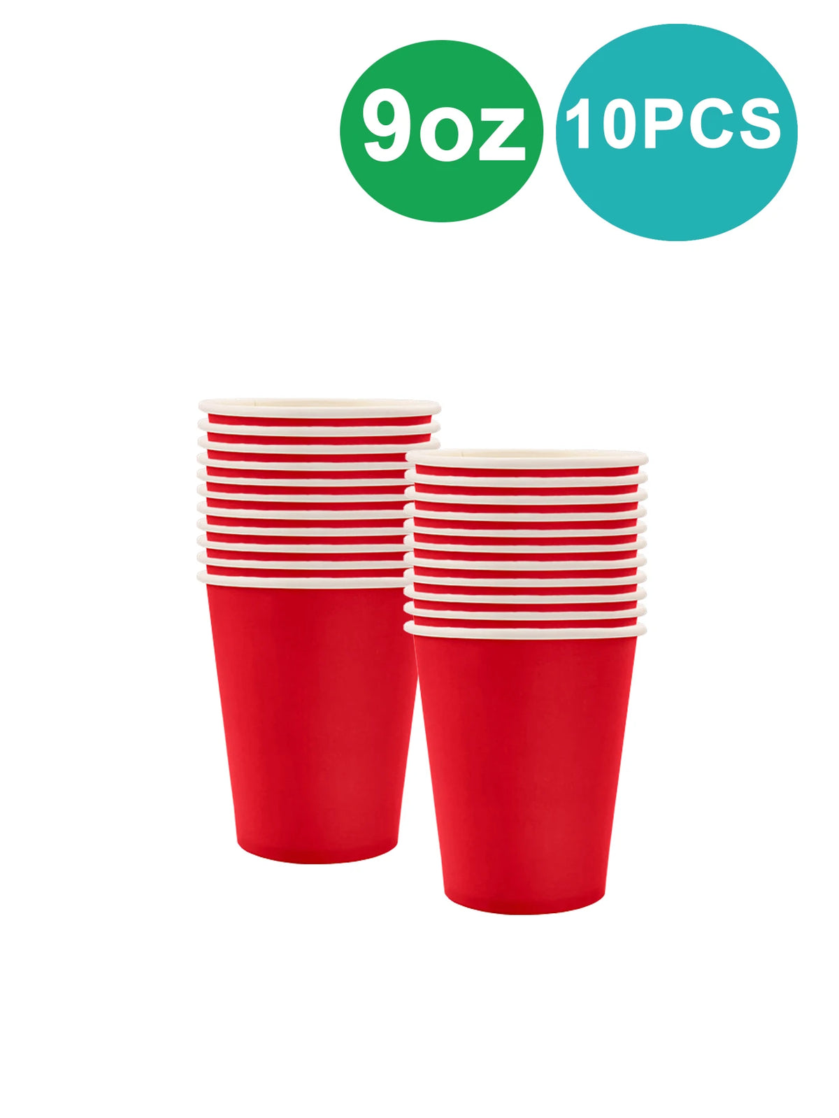 A stack of red paper party tableware including cups, plates, napkins, and cutlery.