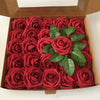 A box filled with artificial red roses, arranged in rows, for DIY floral decor.