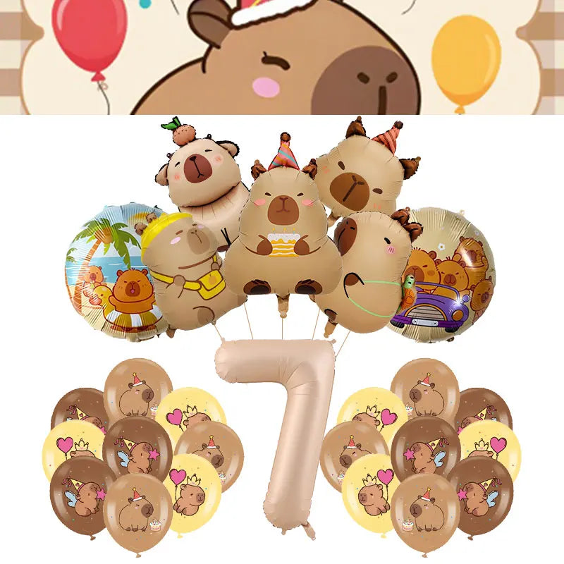 A set of beige and brown balloons shaped like capybaras for a birthday party decoration kit