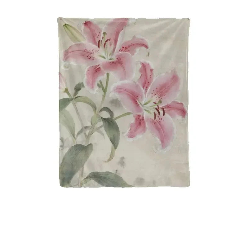 A soft, pale pink and green floral tapestry featuring large lily blossoms for home decor.