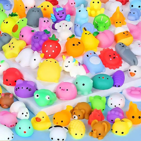 A collection of 20 mini cartoon animal stress relief toys in various bright colors and shapes.