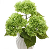 A bouquet of large artificial lime green hydrangea flowers with dark green leaves in a white vase.