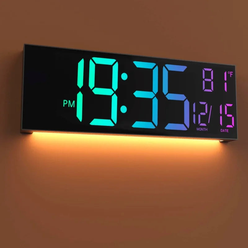 A black digital wall clock displaying 19:35 PM, temperature 81°F, and the date 12/15, illuminated by an orange light.
