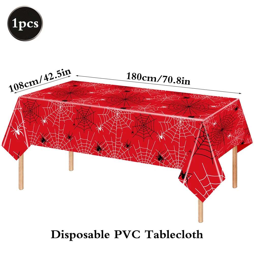 Red disposable PVC tablecloth measuring 108cm/42.5in for a party.
