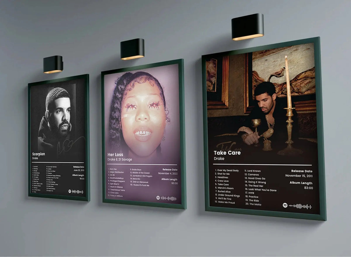 A set of three framed canvas art posters featuring Drake and Scarpion, Her Loss, and Take Care, suitable for hip hop wall dec