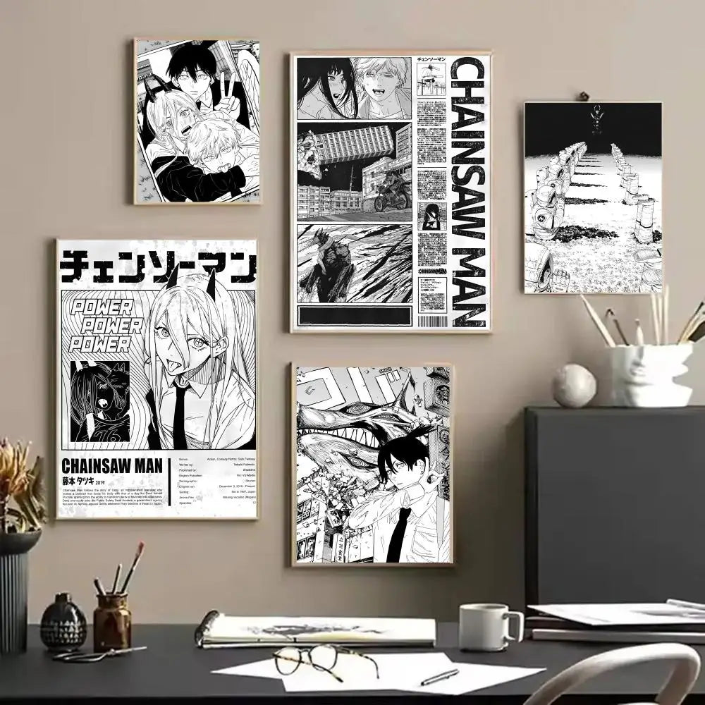 A collection of posters featuring the Chainsaw Man anime characters and artwork.