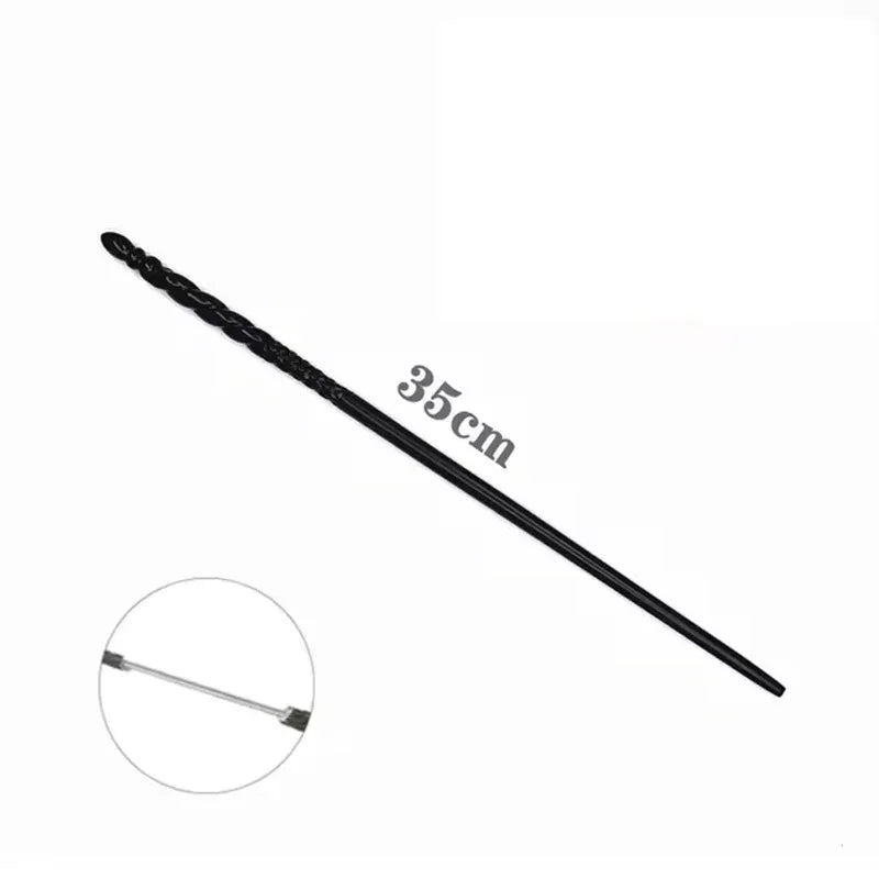 A long, black metal magic wand with a braided handle and a pointed tip.