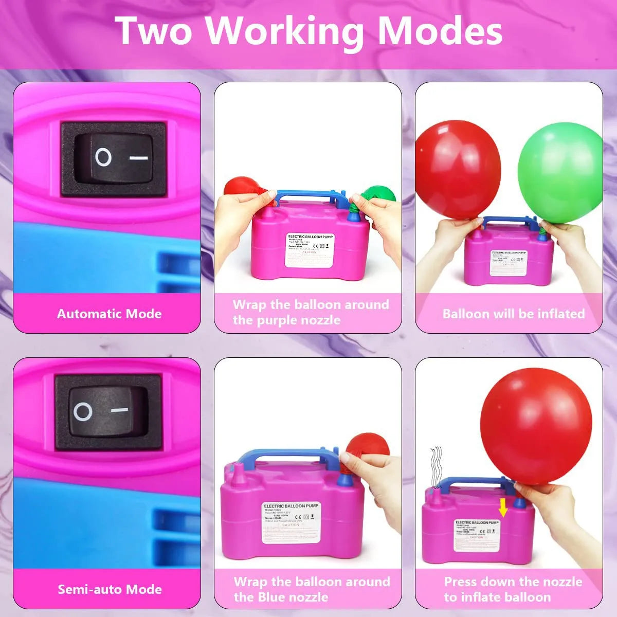 Electric balloon inflator pump showing two working modes automatic and semi-auto with purple and blue nozzles
